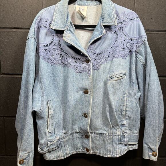Vintage TOGETHER Women's 80's Batwing Lace Denim Jacket Sz Large - Picture 1 of 8